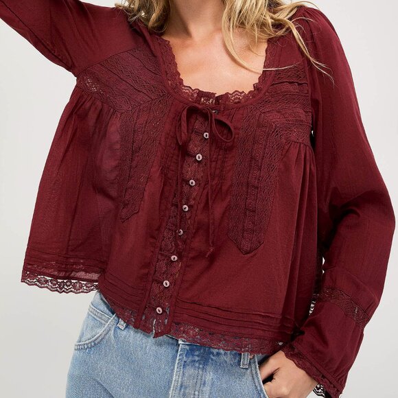 Free People 100% Cotton Lace Crochet Burgundy Red Blouse - Picture 4 of 4
